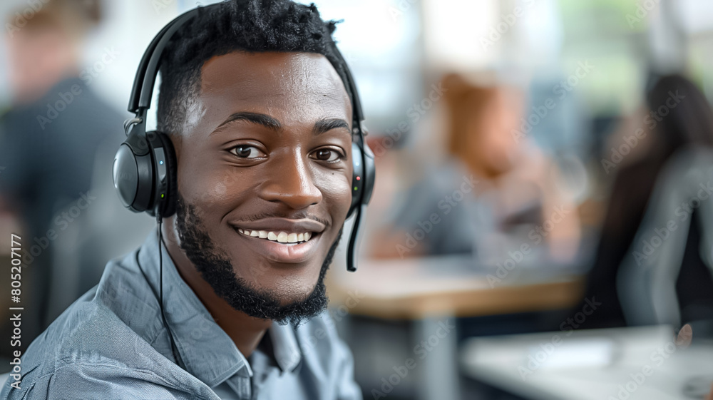 A man wearing headphones and smiling A man wearing headphones and smiling