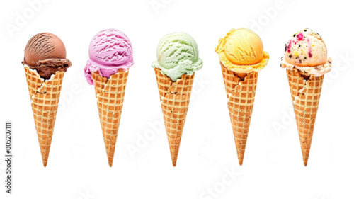 Set of ice cream balls in waffle cone isolated on transparent background