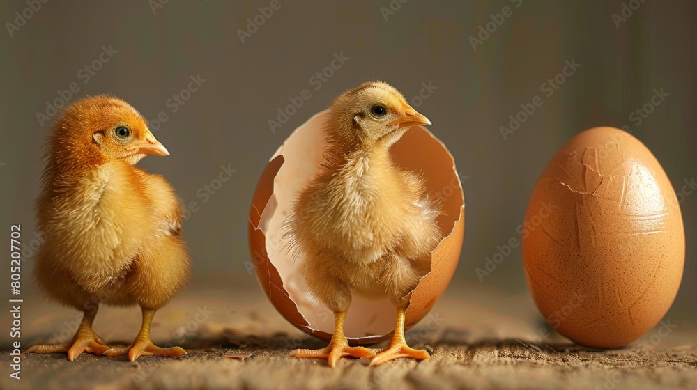 Two chicks standing next to a brown egg