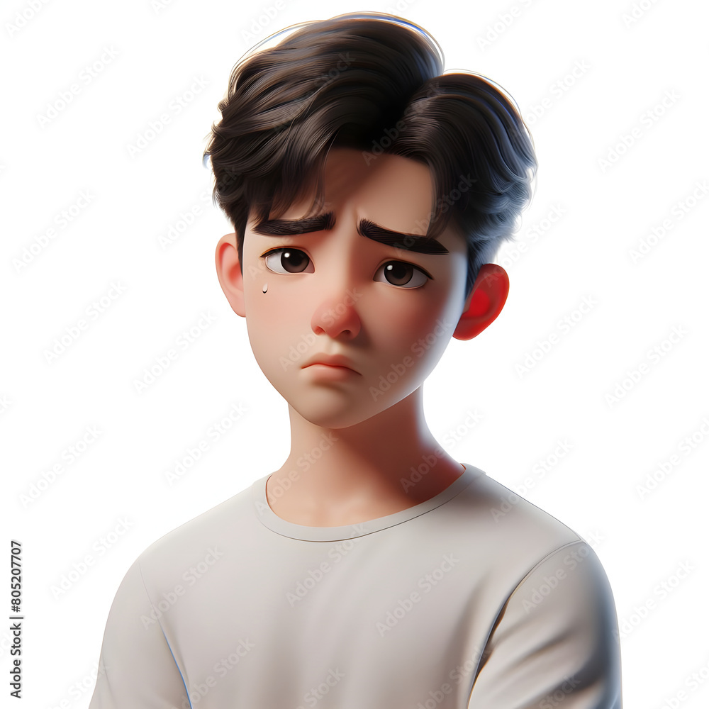 Asian cartoon character boy, young man portrait, male, Sad mood, feeling expression concept, Isolated on a white background