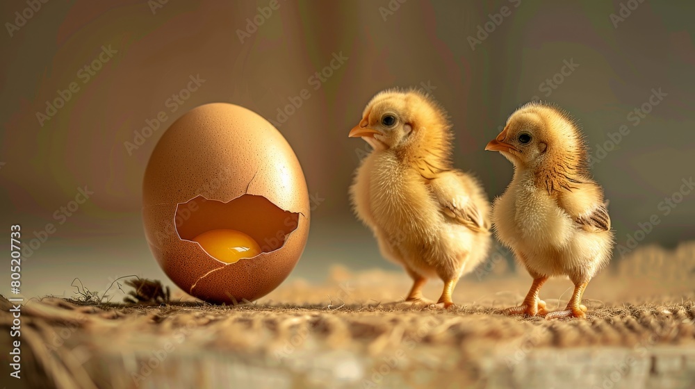 Two newly hatched chicks looking at an egg