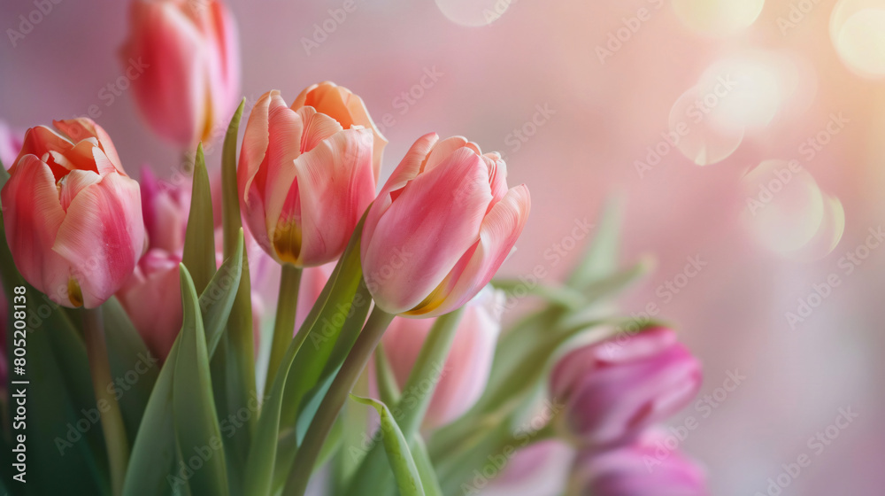 Beautiful bouquet of tulips on light background closeup