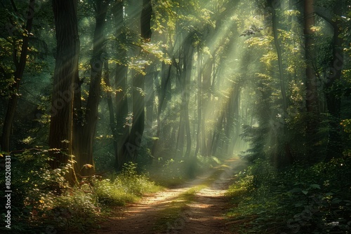 Magical summer scenery in a dreamy forest, with rays of sunlight beautifully illuminating the wafts of mist and painting stunning colors into the trees. High quality photo © AminaDesign