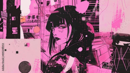 Cool grungy y2k anime manga collage set with a negative photocopy effect . Rough brutal elements for 90s vintage design. Ai generation.