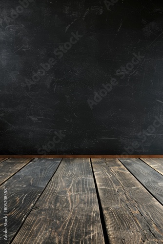 A wooden floor with a black chalkboard in the background. Suitable for educational concepts