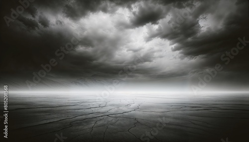 Barren Landscape Under Menacing Storm Clouds Symbolizing Creative Drought photo