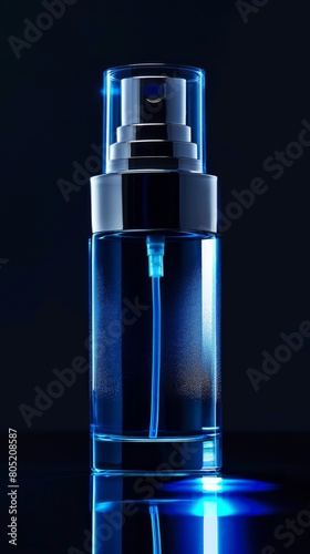 A personaluse small spray atomizer with a metallic finish  set against a hightech  glossy black background with blue light accents