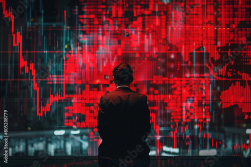 Fearful investor with a backdrop of red stock graphs, conveying panic in the trading world 
