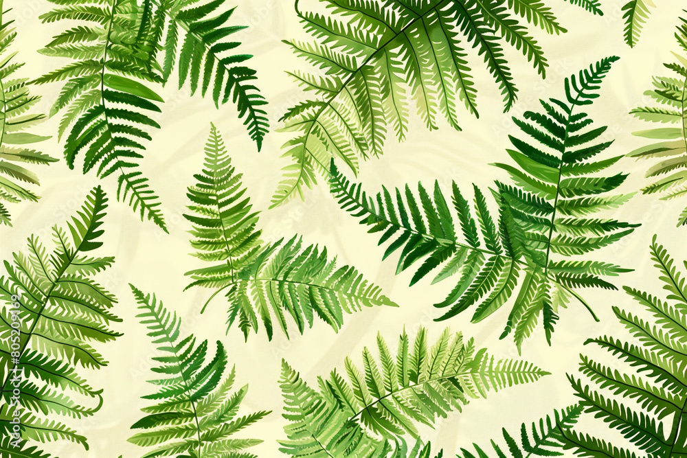 Fern Fronds, Graceful fern leaves in shades of green, Seamless pattern illustration 