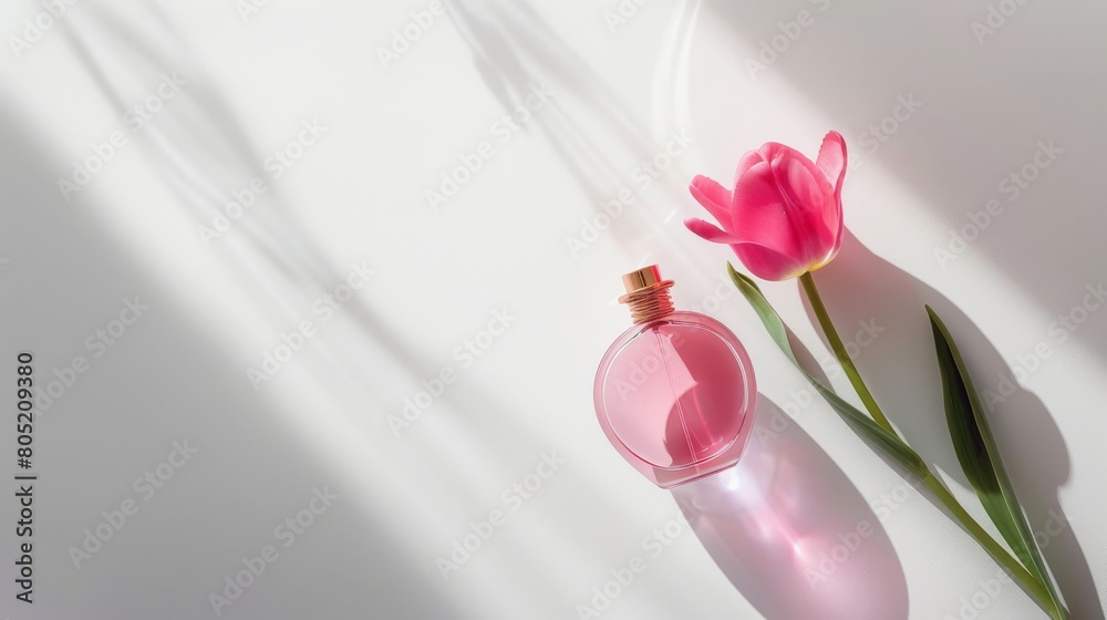 A minimalistic setting featuring a sweetscented pink curved glass perfume bottle on a stark white background with a single pink tulip beside it
