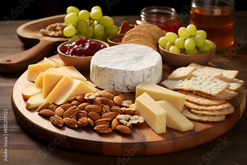 Cheese plate with grapes, nuts, honey and crackers on wooden table