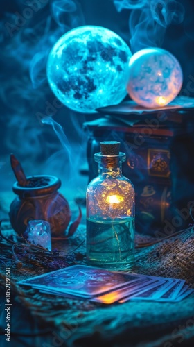 A mystical setting featuring an antiquestyle small glass bottle for essential oils, illuminated by moonlight and placed next to a crystal ball and tarot cards