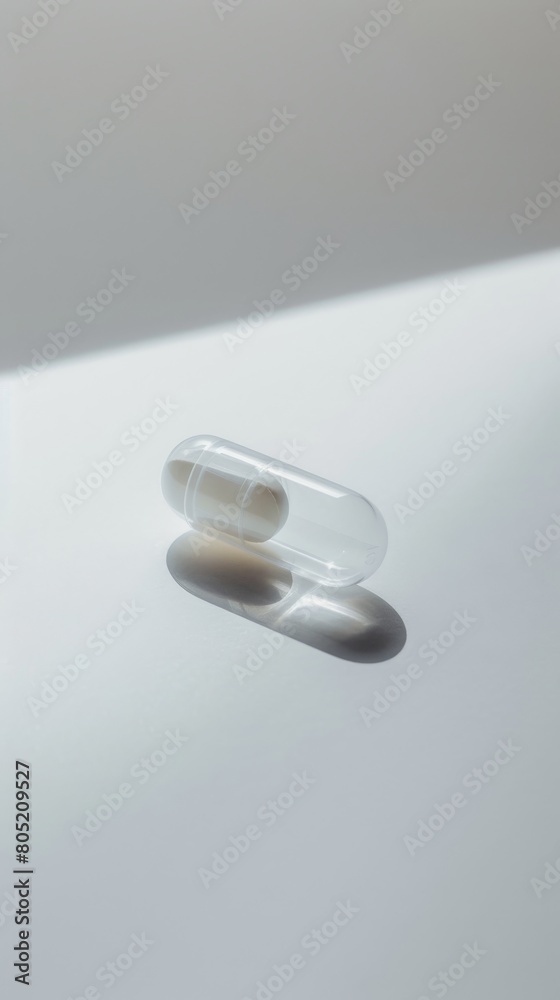 A minimalistic arrangement of a clear plastic pill container on a bright white background, focusing on the purity and cleanliness of the design