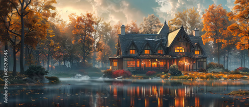 Hauntingly beautiful lakeside house in a foggy autumn setting, evoking a sense of mystery and solitude