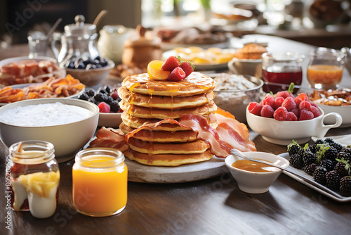 Pancakes with berries, jam and orange juice on wooden table