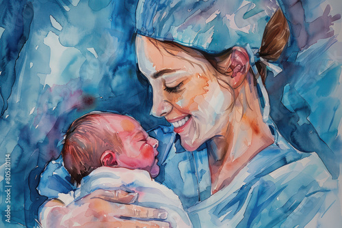 Nurse Tenderly Holding Newborn Baby, International Nurses Day, hospital care, dedication and skills.