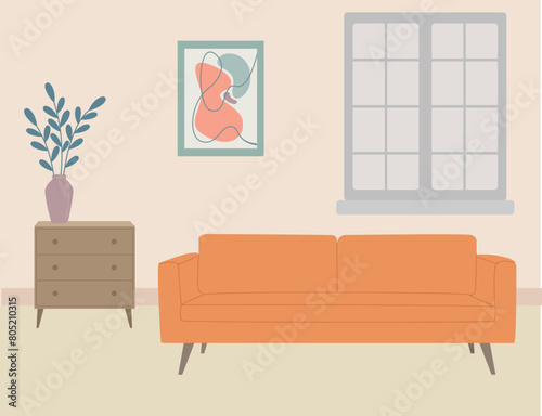 Interior of cozy room with window and sofa. Vector illustration in flat style.