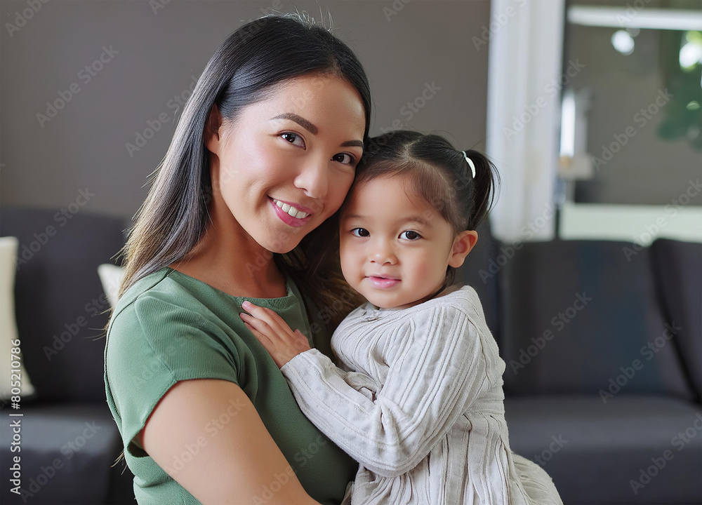Young asian mom holding her little girl in their living room Young asian mom holding her little girl in their living room