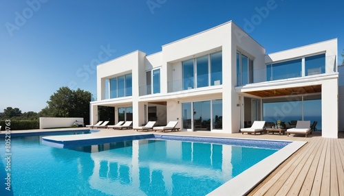 Beautiful home exterior and large swimming pool on sunny day with blue sky