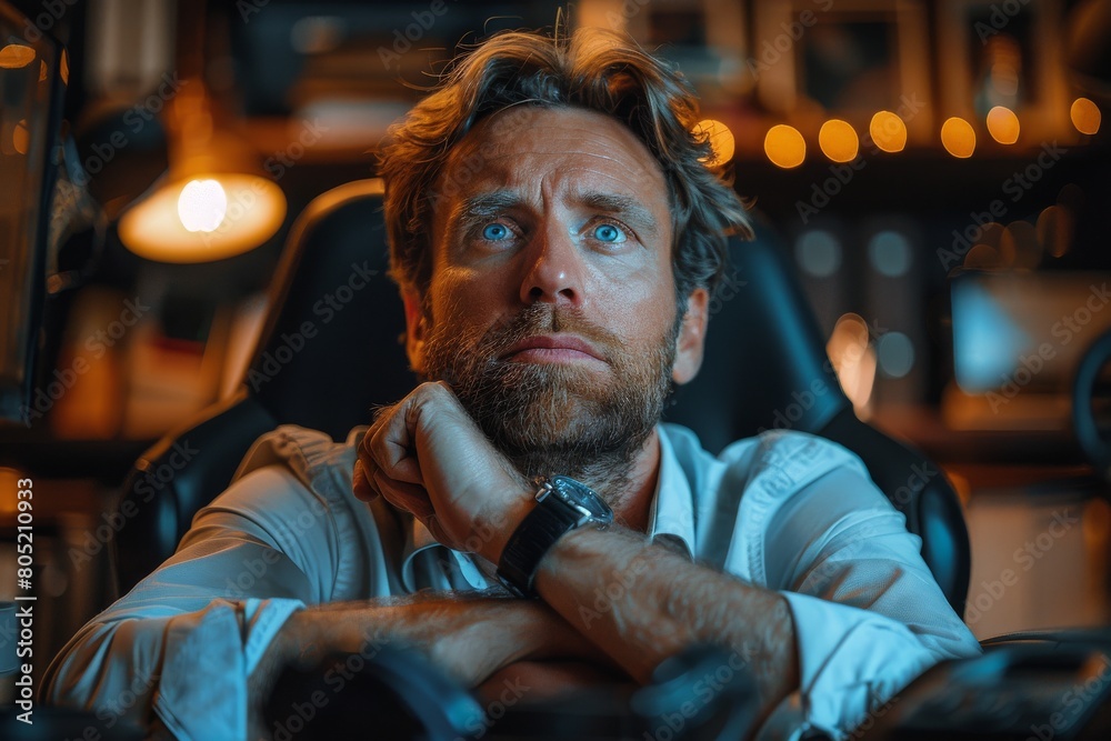 A businessman with a worried expression works late at night in a dimly lit office A businessman with a worried expression works late at night in a dimly lit office