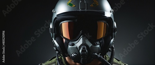 Portrait of fighter pilot wearing helmet on dark background with copy space, digital ai art