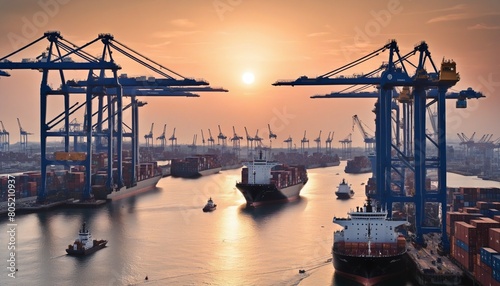 The image shows a bustling port with cranes, ships, and containers at sunset photo