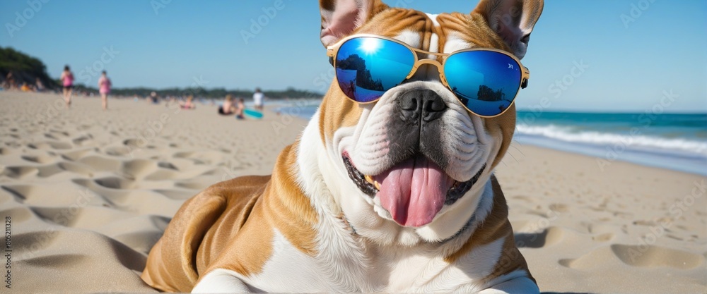 Cute dog bulldog wearing specular sunglasses, having relax and enjoying on the beach ocean on summer vacation holidays