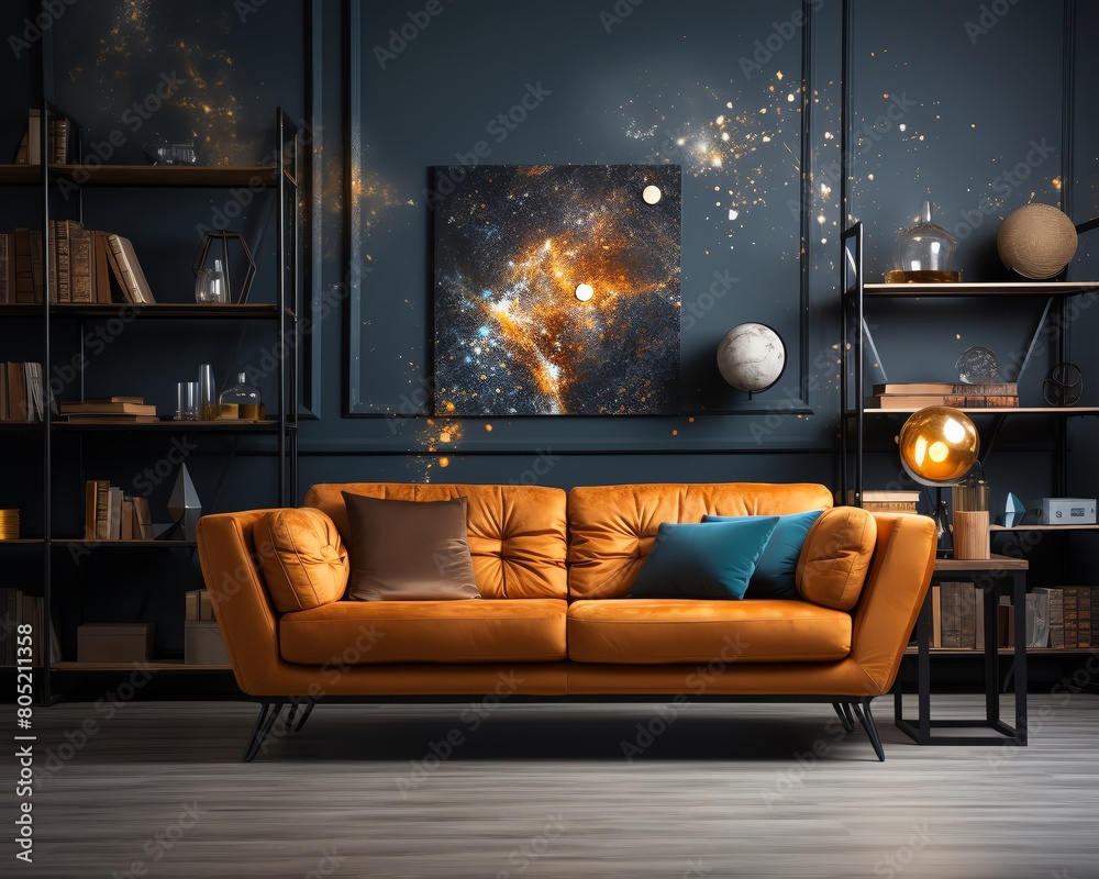 Atmospheric living room with a universe theme, including galaxy printed blinds and a starburst chandelier Atmospheric living room with a universe theme, including galaxy printed blinds and a starburst chandelier