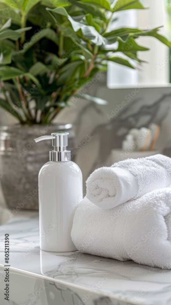A large body lotion pump bottle standing on a bathroom counter made of marble, complemented by soft, fluffy white towels and a small potted plant