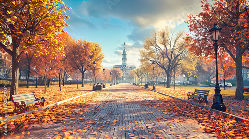Historic city park in autumn, vibrant foliage against architectural landmarks under a golden sunset