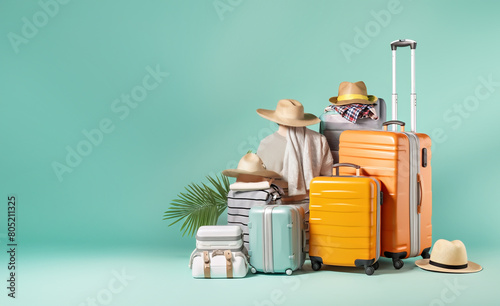 Collage of beach Accessories With Packed Suitcases over green background