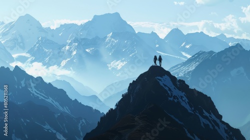 Climbers ascending a challenging peak or on a trail with view at a majestic mountain range
