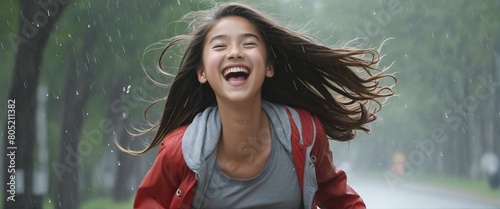 a happy and excited girl laughing and running , flying hair beautiful innocent face, rain drops photo