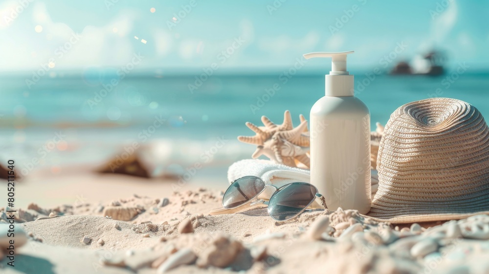 A large body lotion pump bottle placed on a sandy beach, with a towel, sunglasses, and a sunhat, conveying a summer skincare theme A large body lotion pump bottle placed on a sandy beach, with a towel, sunglasses, and a sunhat, conveying a summer skincare theme