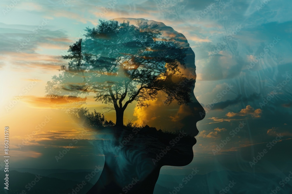 A surreal image of a man with a tree growing out of his head. Can be used for creative projects or environmental themes