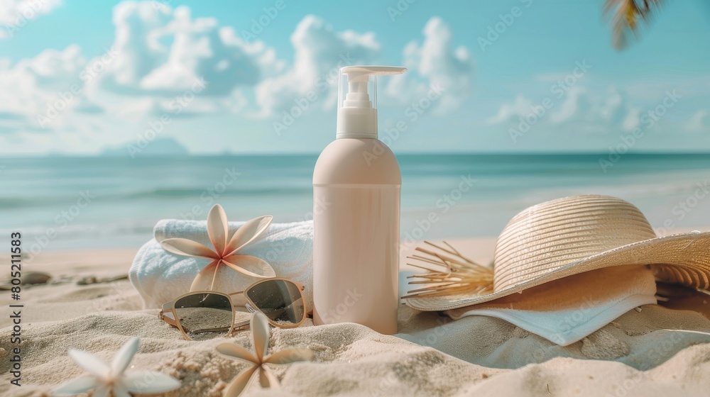 A large body lotion pump bottle placed on a sandy beach, with a towel, sunglasses, and a sunhat, conveying a summer skincare theme A large body lotion pump bottle placed on a sandy beach, with a towel, sunglasses, and a sunhat, conveying a summer skincare theme