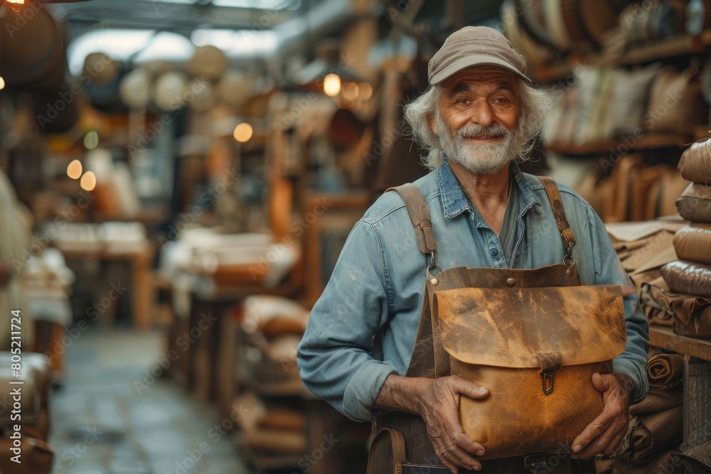 A friendly elderly craftsman with a gray beard stands proudly in his well-kept leather workshop
