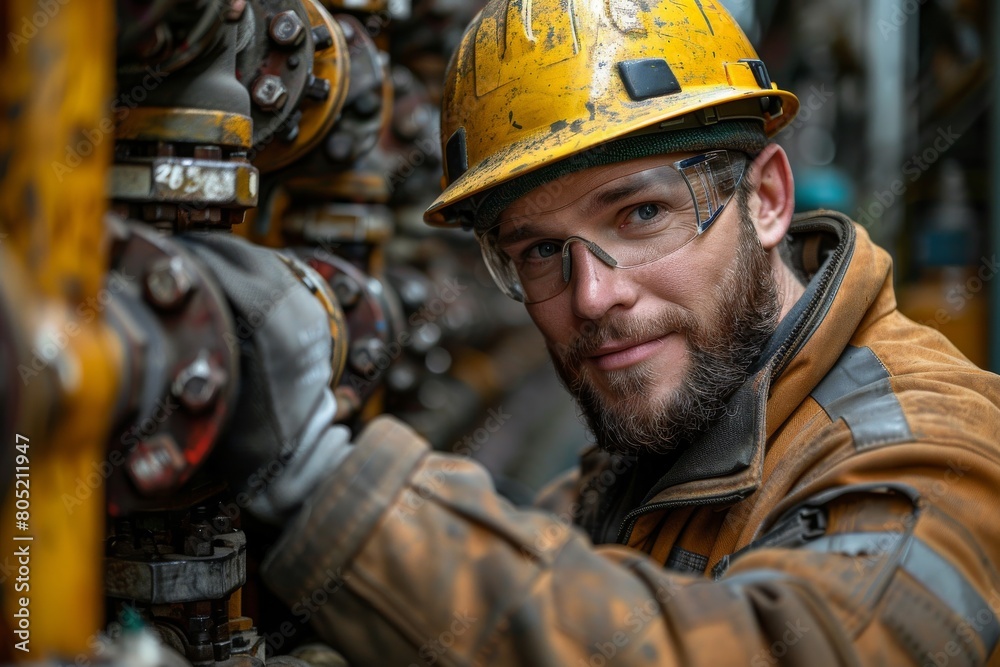 Close-up image of a worker in safety gear at an oil extraction site, focusing on the industrial environment and details Close-up image of a worker in safety gear at an oil extraction site, focusing on the industrial environment and details