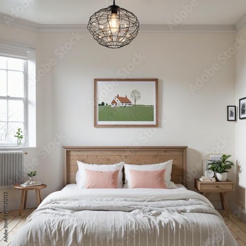 Scandinavian farmhouse room interior, poster frame mockup, 3d render