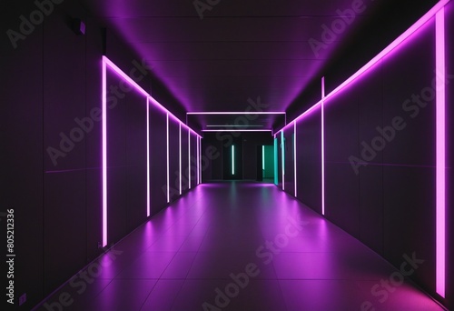 Dark empty hall with glowing geometric shapes and futuristic neon lighting