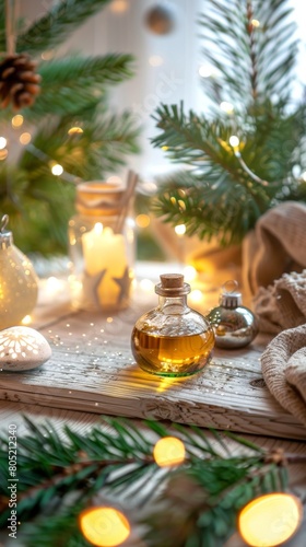 A festive scene with an aromatherapy oil set and a stone diffuser surrounded by holiday decorations like twinkling lights and evergreen branches