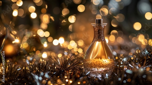 A festive and glamorous setting with a slender artistic luxury perfume bottle surrounded by sparkling holiday lights and glittering tinsel