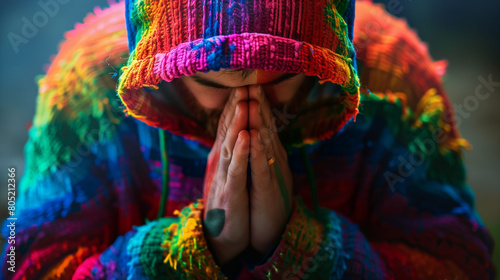 Calm gay in vibrant knitwear praying with folded hands. Portrait of man deeply immersed in a moment of prayer or meditation, enveloped by colorful knitted hoodie. photo