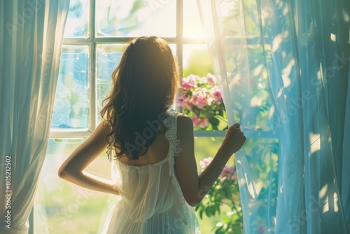 A woman in a white dress looking out a window. Suitable for lifestyle or fashion concepts