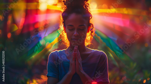 Tranquil woman praying with folded hands. Young woman meditates in a tranquil outdoor setting as the sun sets, creating a colorful, peaceful background for mindfulness practice.