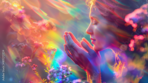 Serene woman meditating peacefully amidst flowers in waves of rainbow light rays creating a magical atmosphere. Woman with hands in prayer pose  eyes closed  embracing the peaceful sun energy. 