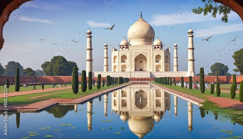 Watercolor style scene of the taj mahal reflecting in the water in front of it photo