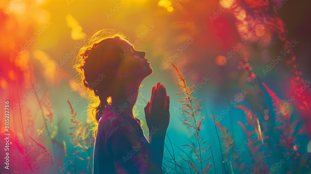 Serene woman meditating peacefully amidst flowers with a vibrant rainbow spectrum creating a magical atmosphere. Woman with her hands in prayer pose, eyes closed, embracing peaceful sun energy.