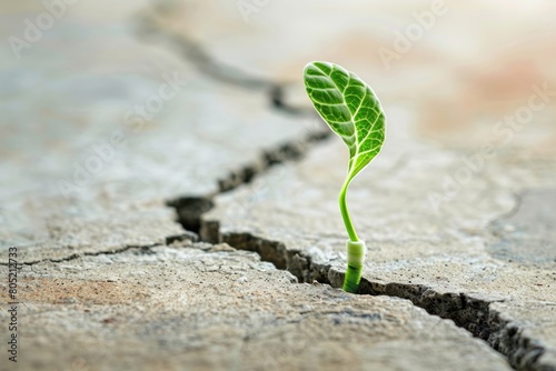 A small plant emerging from a crack in the ground. Suitable for nature and growth concepts