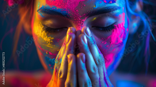 Woman with face covered in vibrant holi powder, her eyes closed and a prayerful pose, highlighting a personal journey amidst communal festivity.